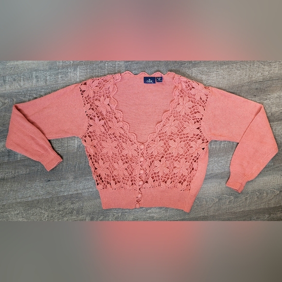 90s Vintg OBR Floral Crochet Open Knit Chunky Cardigan Womens L Rusty Coral Cott - Picture 5 of 10